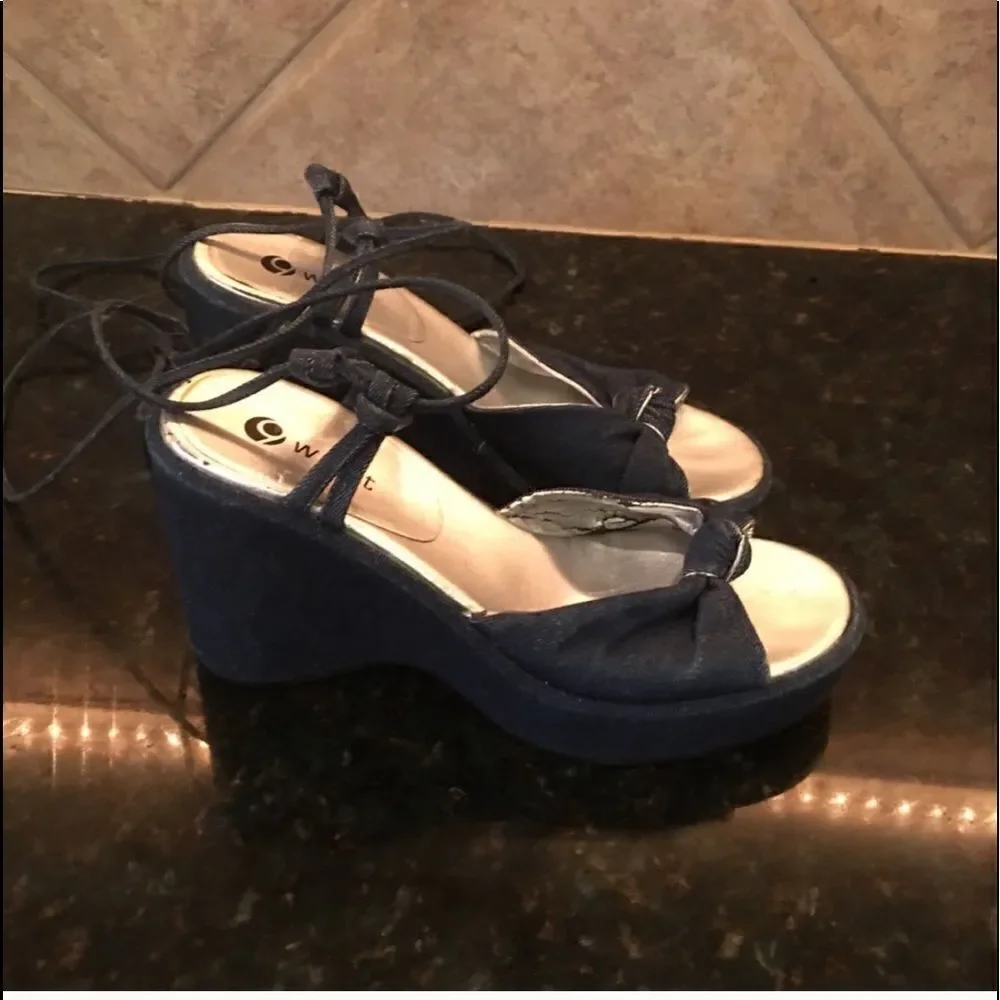 OO 9 West Denim Ankle Tie Wedges!